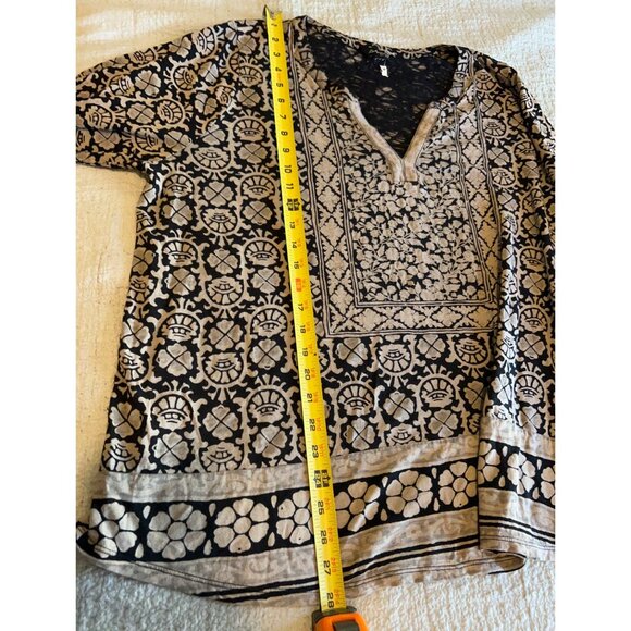 Lucky Brand Tunic Top Women's M Black Tan Boho Paisley Print Stretch 3/4 Sleeves - Picture 4 of 9